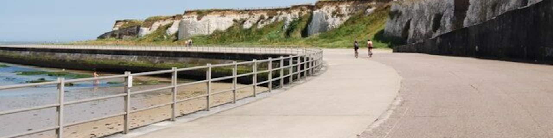 A coastal walkway with cliffs and a sea wall.
