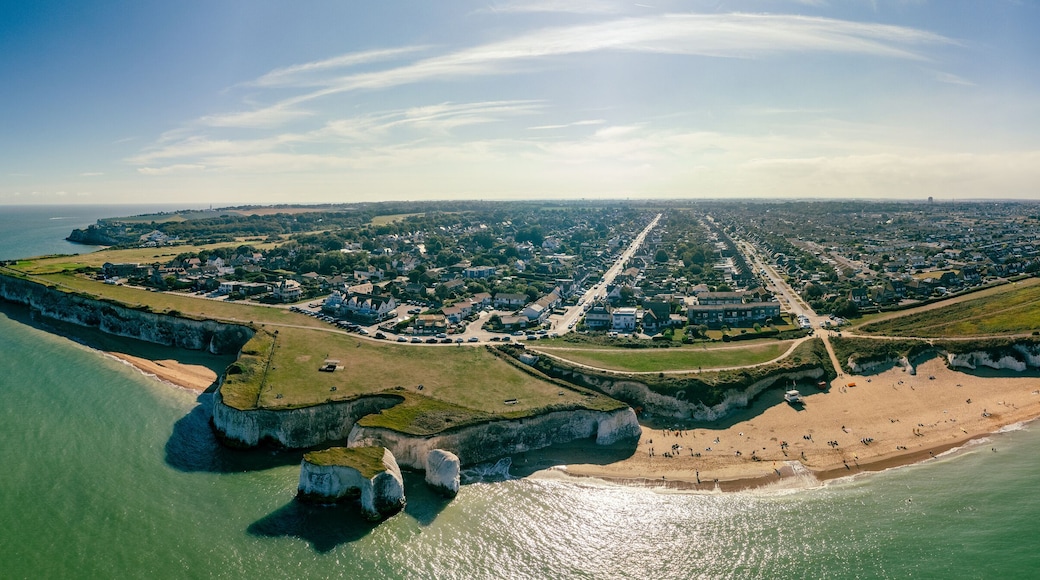 Drone aerial view of the beach and white cliffs, Botany Bay, England, UK