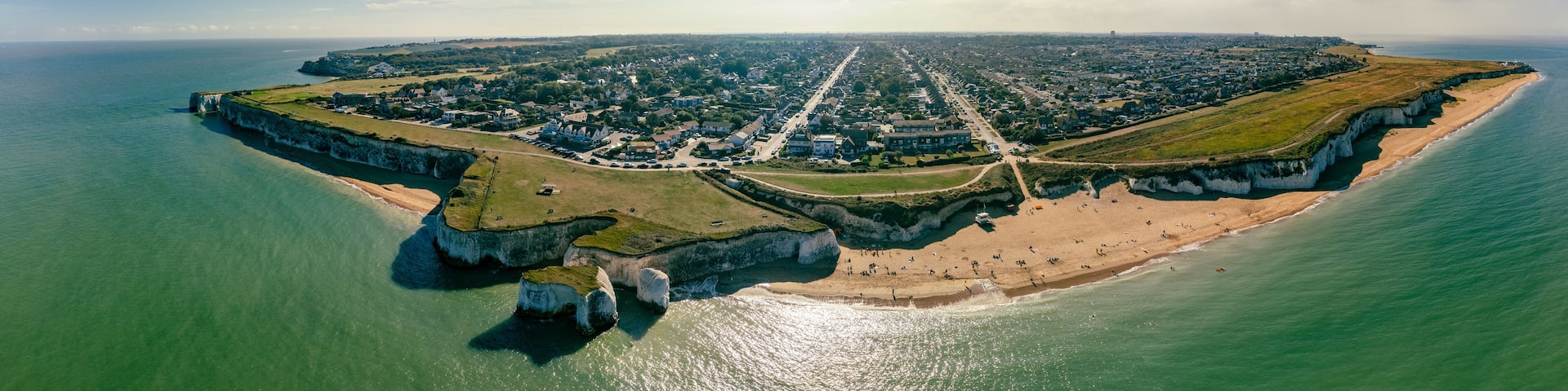 Drone aerial view of the beach and white cliffs, Botany Bay, England, UK