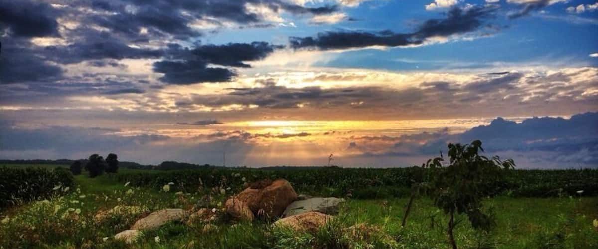 A sunset over a grassy field with scattered rocks and trees.