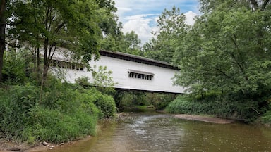 A white building with a gabled roof under a bridge, surrounded by lush greenery and a calm river.