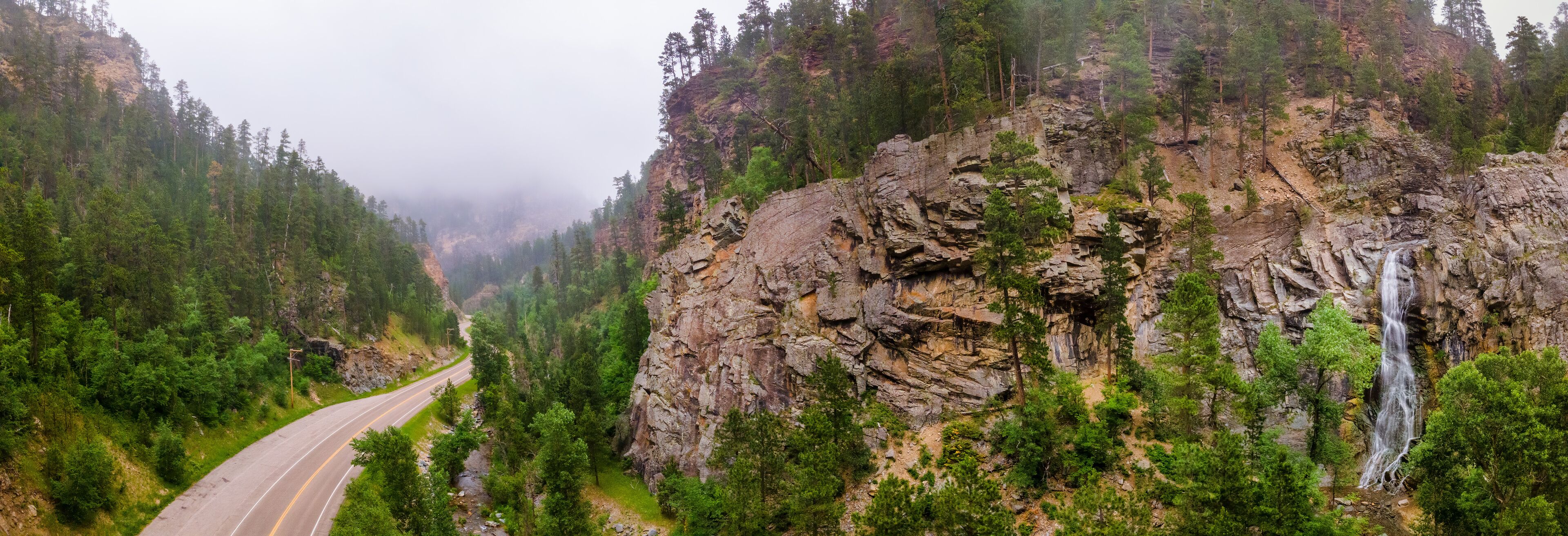 Bridal Veil Falls in Fog on the Spearfish Canyon Scenic Byway, South Dakota Black Hills	