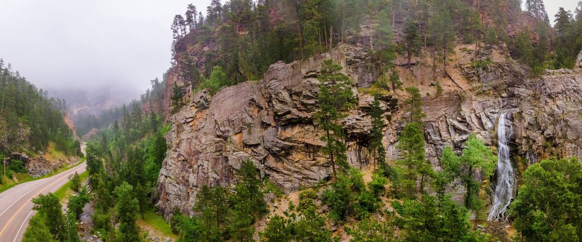 Bridal Veil Falls in Fog on the Spearfish Canyon Scenic Byway, South Dakota Black Hills
