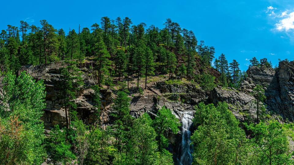 A forested mountain with a waterfall.