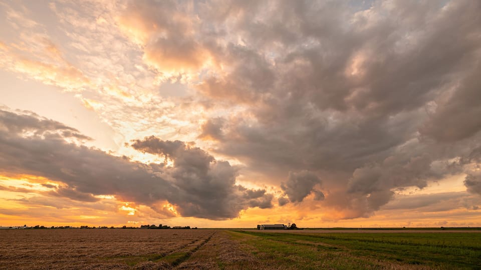 A sunset over a field with a barn in the distance.