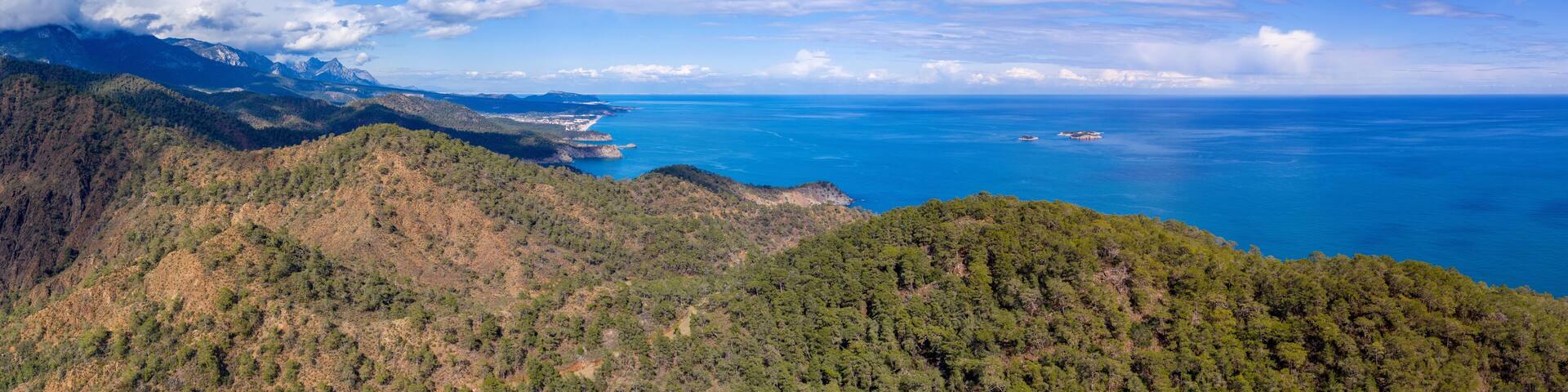 Panoramic aerial view of Mediterranean coastline between Tekirova and Chirali on sunny winter day. Turkey.