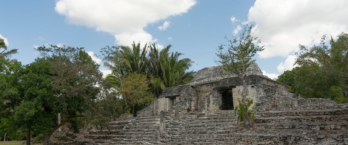 An ancient stone structure surrounded by lush greenery and trees.