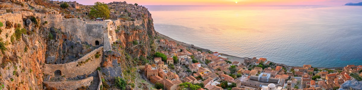 picturesque parorama old medieval castle town of Monemvasia in Lakonia at sunrise, Peloponnese, Greece. "Greek Gibraltar"