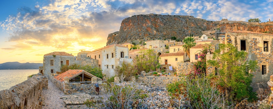 Beautiful picturesque parorama old medieval castle town of Monemvasia in Lakonia at sunrise, Peloponnese, Greece. "Greek Gibraltar"