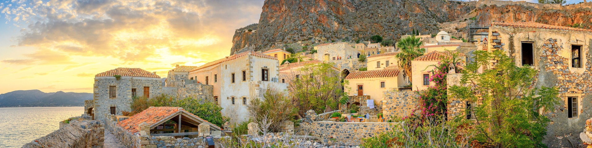 Beautiful picturesque parorama old medieval castle town of Monemvasia in Lakonia at sunrise, Peloponnese, Greece. "Greek Gibraltar"