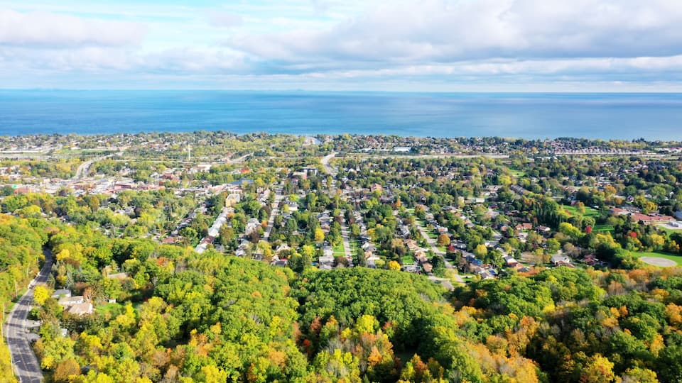 A coastal town with dense greenery and a clear view of the ocean.