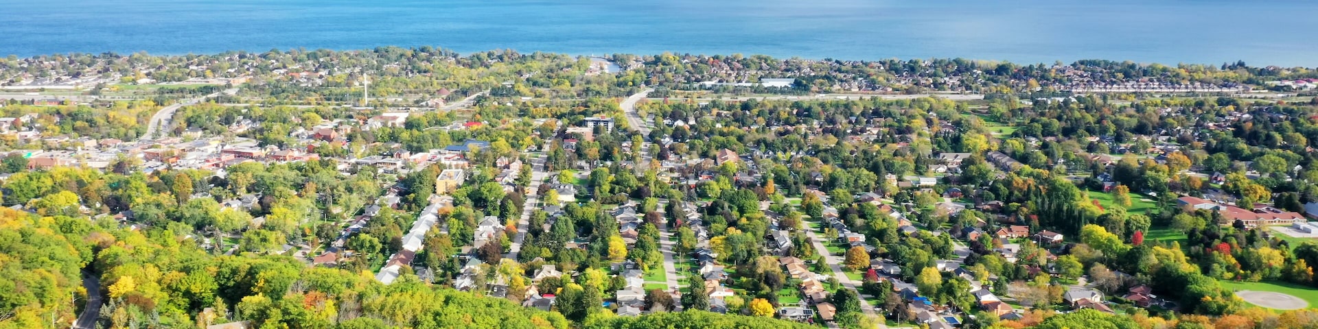 Aerial of Grimsby, Ontario, Canada with lake in background
