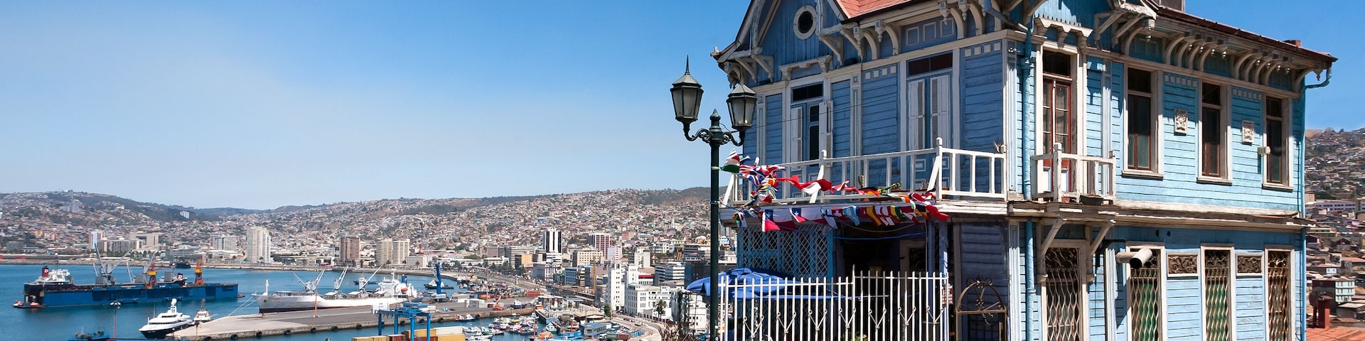Colorful house in Valparaiso, Chile with view on the port. UNESCO World Heritage.