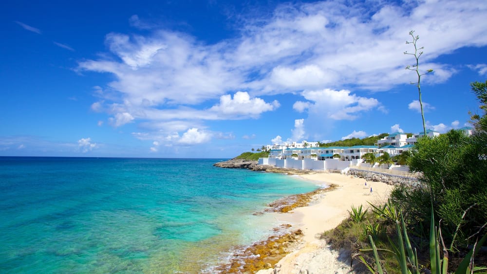 Cupecoy welches beinhaltet allgemeine Küstenansicht, Landschaften und Sandstrand