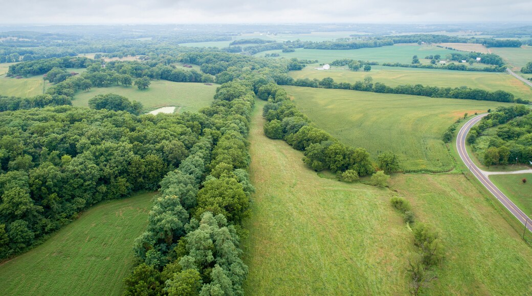 aerial view of Katy Trail shaded by trees near Pilot Grove, Missouri - 237 mile bike trail stretching across most of the state of Missouri converted from abandoned railroad