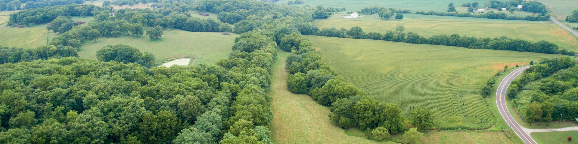 aerial view of Katy Trail shaded by trees near Pilot Grove, Missouri - 237 mile bike trail stretching across most of the state of Missouri converted from abandoned railroad