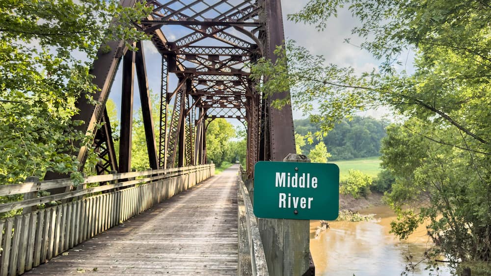 trestle on Katy Trail in Missouri over Middle River near Mokane - 237 mile bike trail stretching across most of the state of Missouri is converted from abandoned railroad