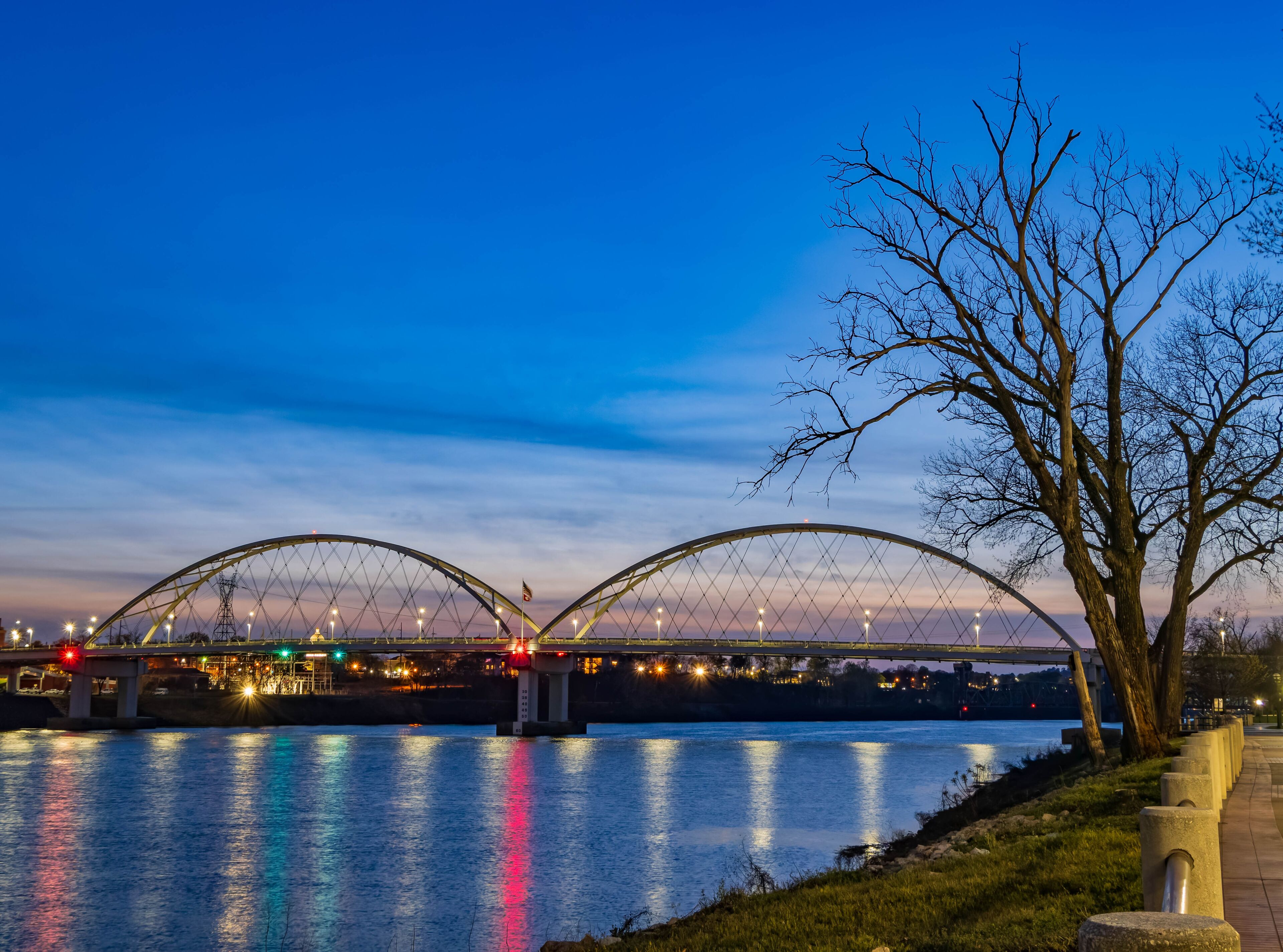 Un río con un puente, un árbol y luces de ciudad reflejándose en el agua.