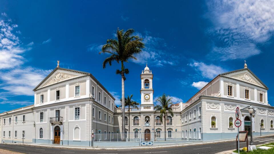 A historic building with two towers, a clock, and a palm tree.