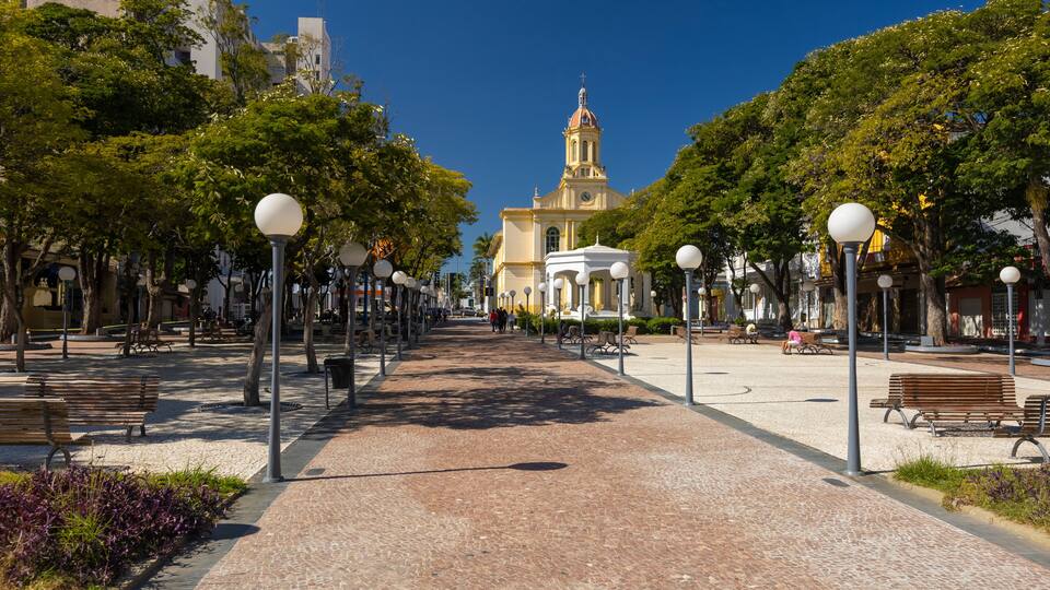 A cobblestone pathway lined with benches and street lamps, leading to a historic building with a bell tower.