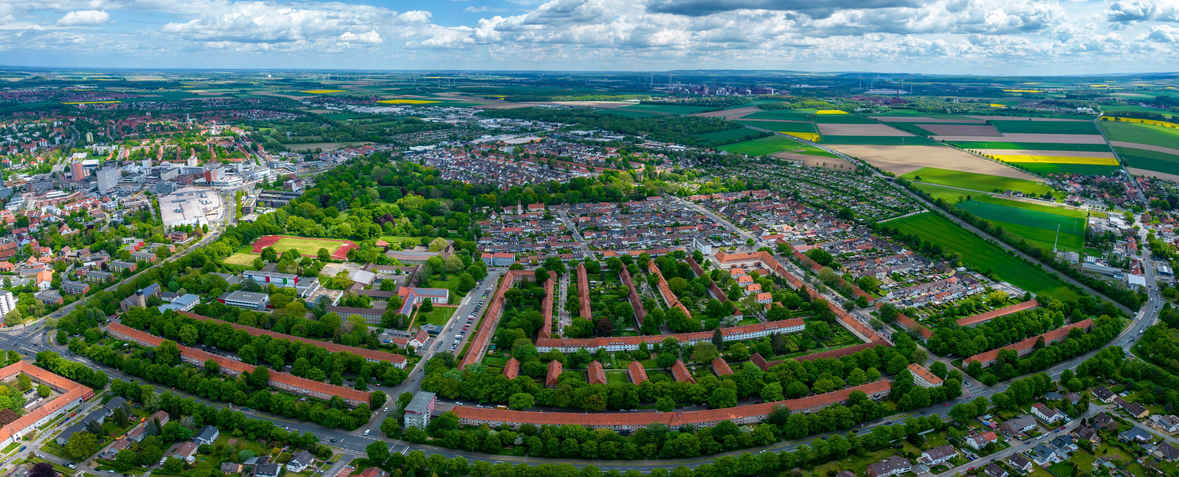 Aerial view of the old town of the city Salzgitter in Germany on a sunny spring day