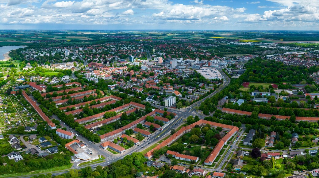 Aerial view of the old town of the city Salzgitter in Germany on a sunny spring day