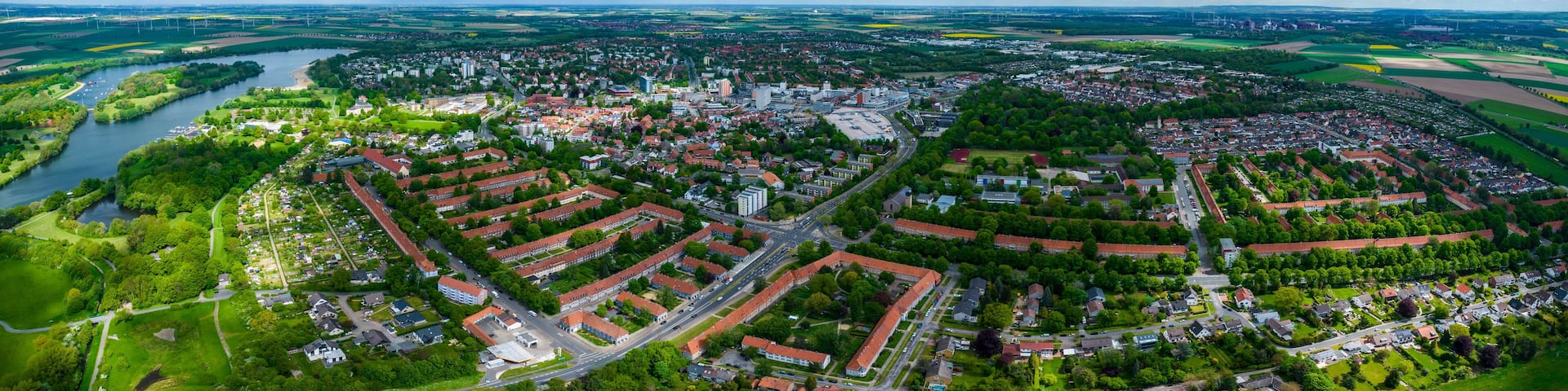 Aerial view of the old town of the city Salzgitter in Germany on a sunny spring day