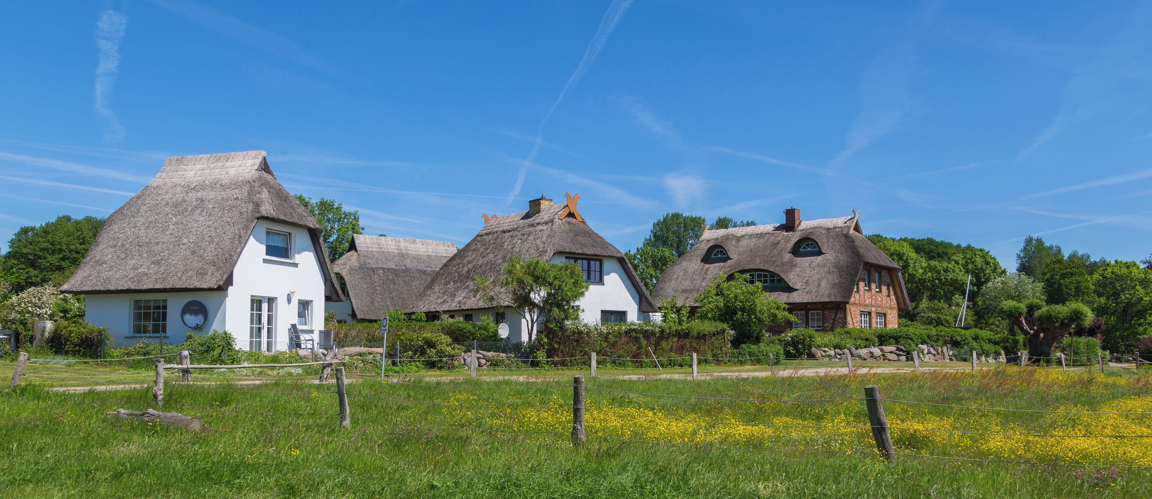 Houses with thatched roofs in Groß Stresow, district of Putbus, Landkreis Vorpommern-Rügen, Mecklenburg-Vorpommern, Germany.