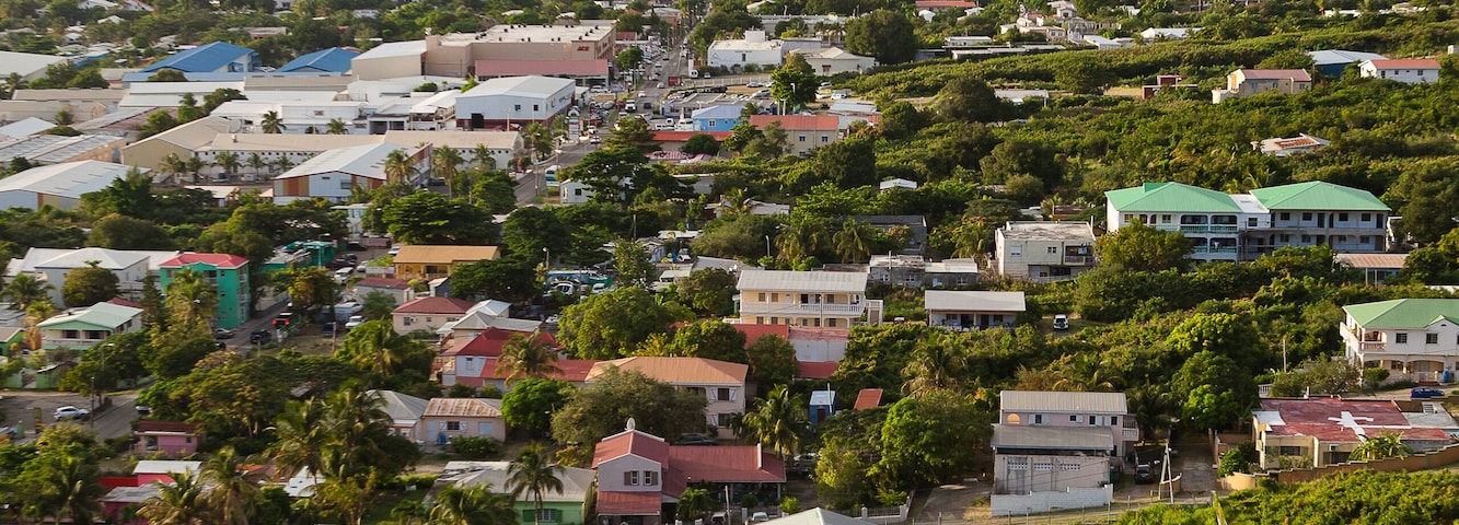 A coastal town with buildings, greenery, and a view of the sea.