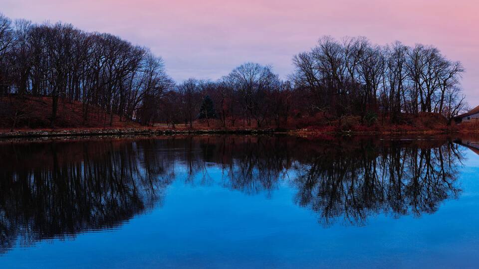 A calm river reflecting trees and a house.