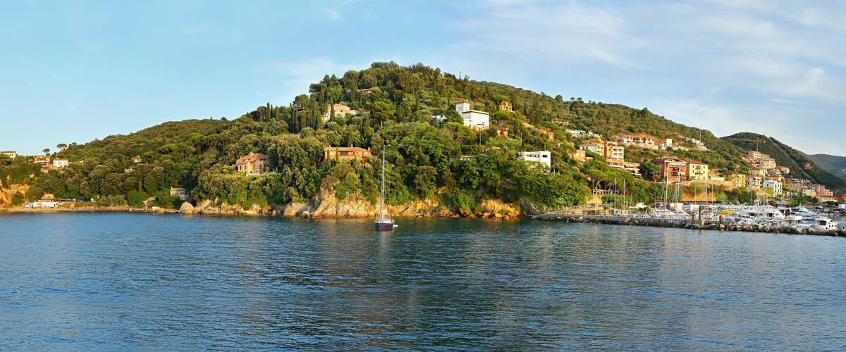 A coastal town with buildings on a hill, a marina with boats, and a calm sea.