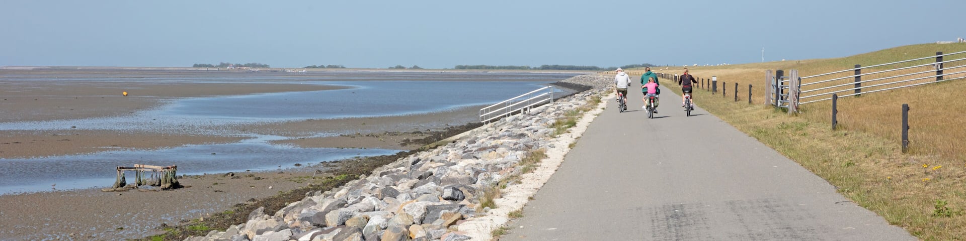 Cyclists cycling on a dyke