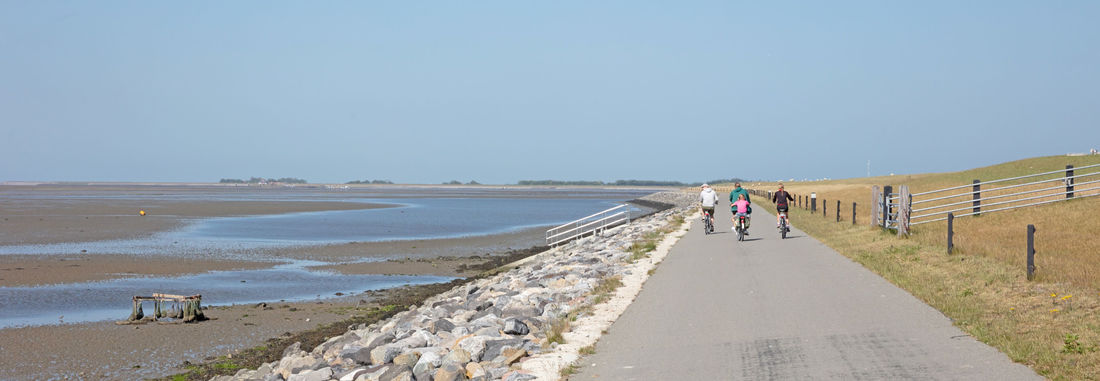 A coastal path with a rocky shoreline, a metal railing, and a clear sky.