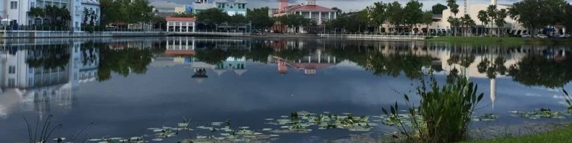 Celebration Village view from the other side of the lake.