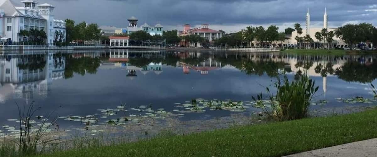 Celebration Village view from the other side of the lake.