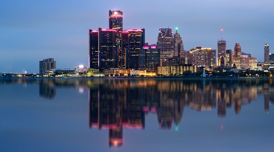 Detroit, Michigan skyline at night shot from Windsor, Ontario, USA