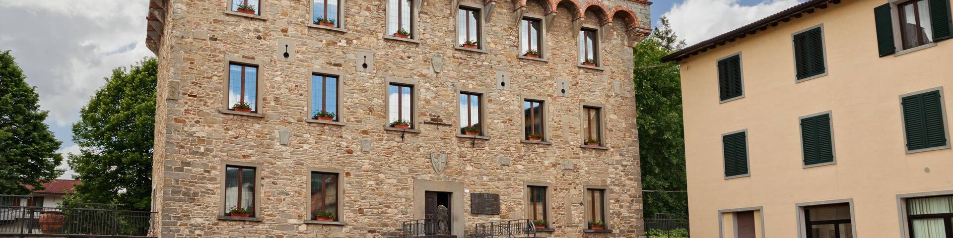 Firenzuola, Florence, Tuscany, Italy: the ancient fortress Palazzo Pretorio, seat of the town hall, in the village of the Apennine mountains