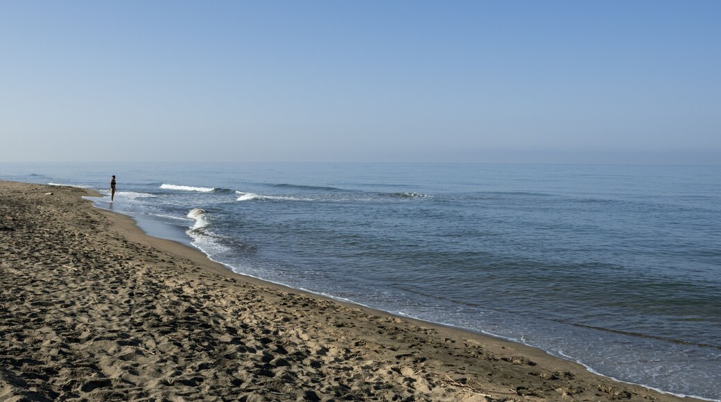 Waves and black sand of volcanic origin. Seascape of Baia Domizia, Province of Caserta, Italy
