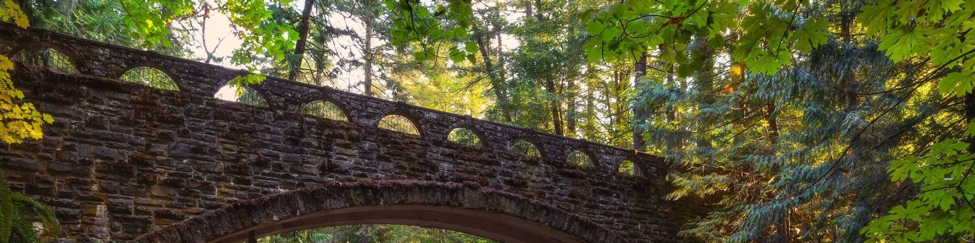 A stone bridge over a stream with a waterfall in a forested area.