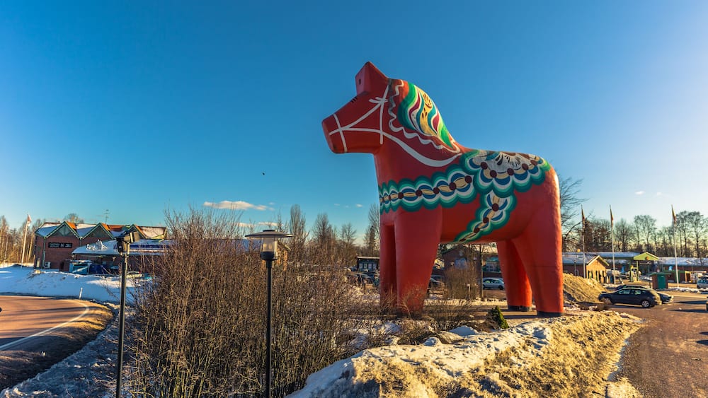Avesta - March 29, 2018: The traditional Dalarna horse in Avesta, Sweden