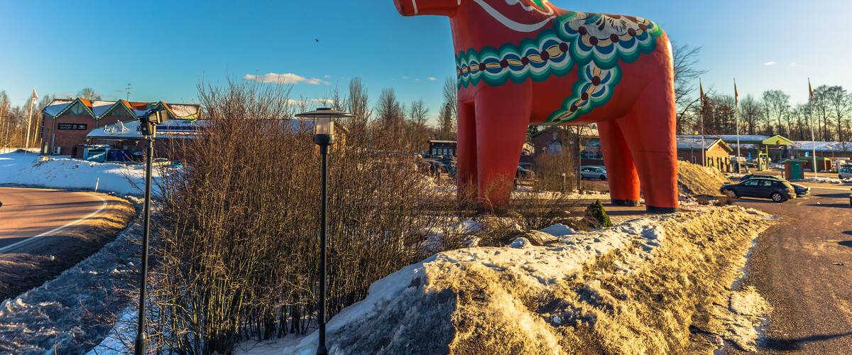 Avesta - March 29, 2018: The traditional Dalarna horse in Avesta, Sweden