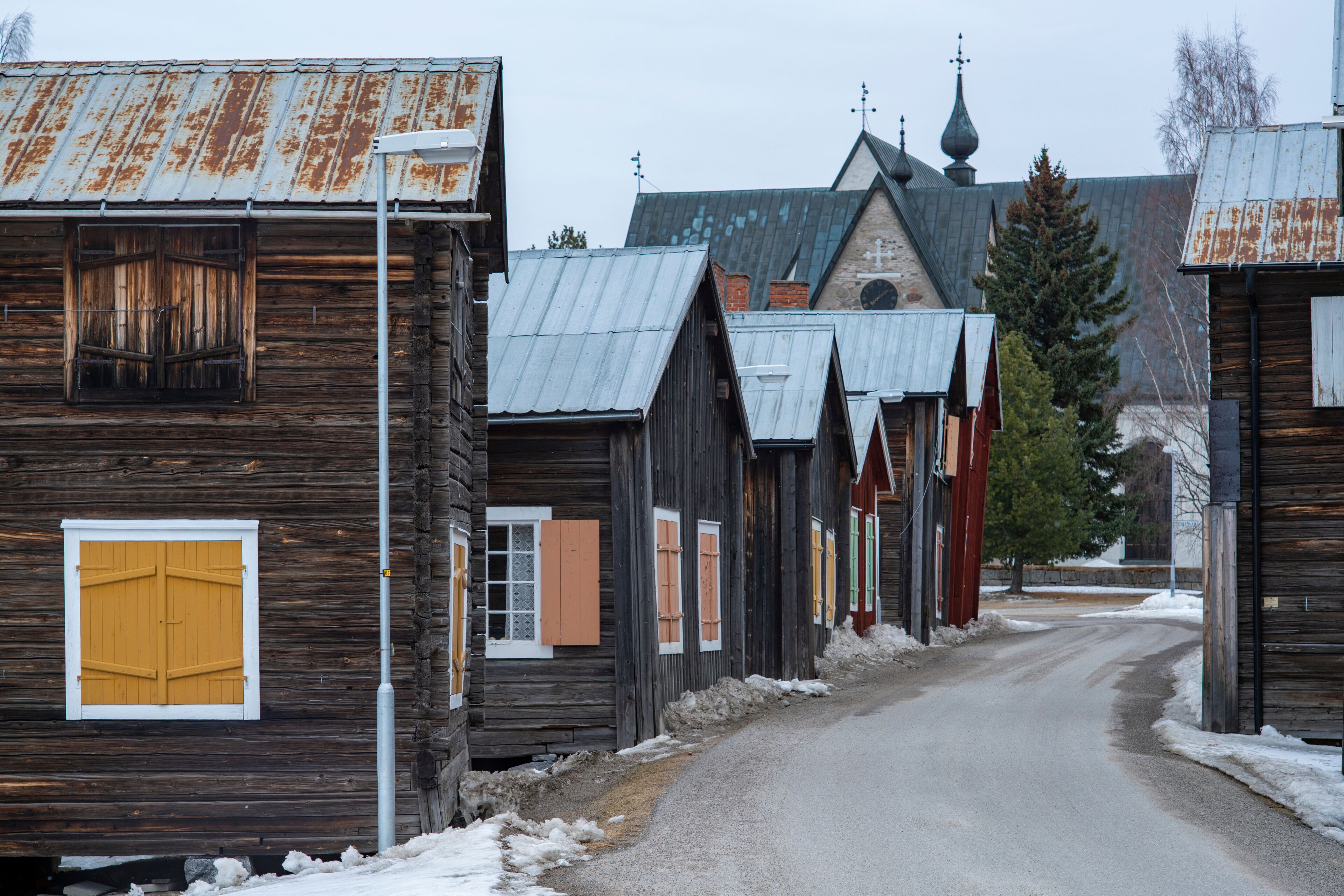 Ojeby church town outside of Pitea, Sweden.  Small wooden buildings, residents to people visiting the church on Sundays.