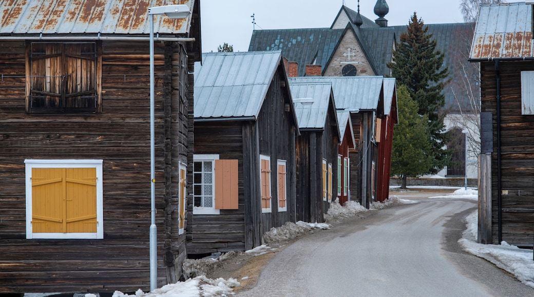 Ojeby church town outside of Pitea, Sweden. Small wooden buildings, residents to people visiting the church on Sundays.