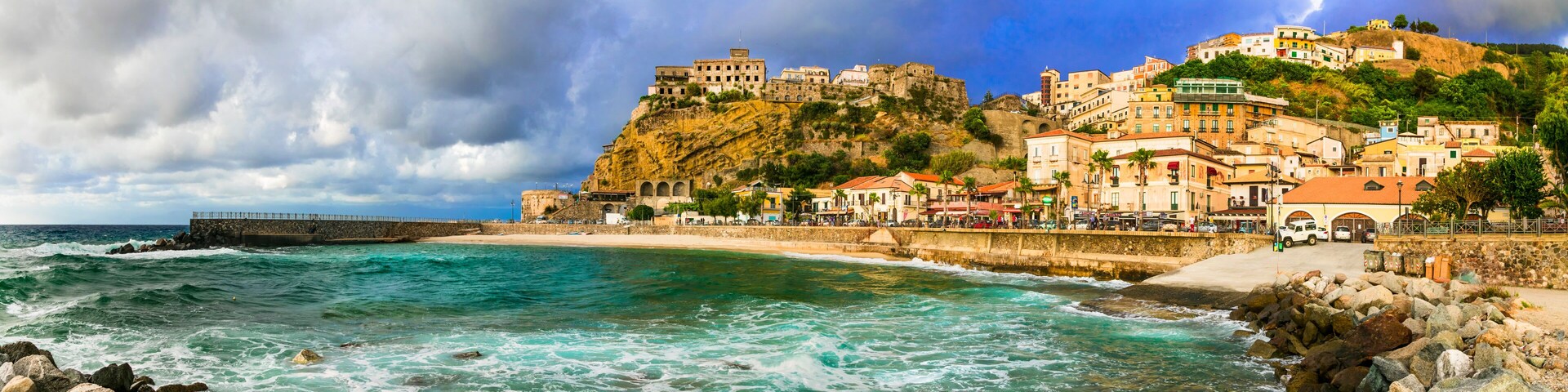 Landmarks of Calabria - coastal town Pizzo Calabro over sunset, Italy