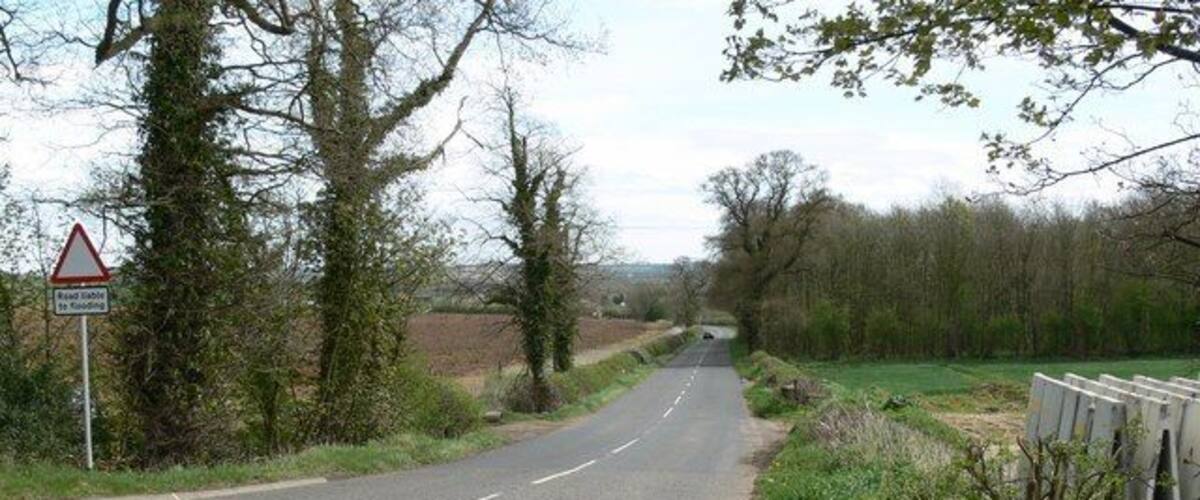 A rural road with a warning sign, surrounded by trees and fields.
