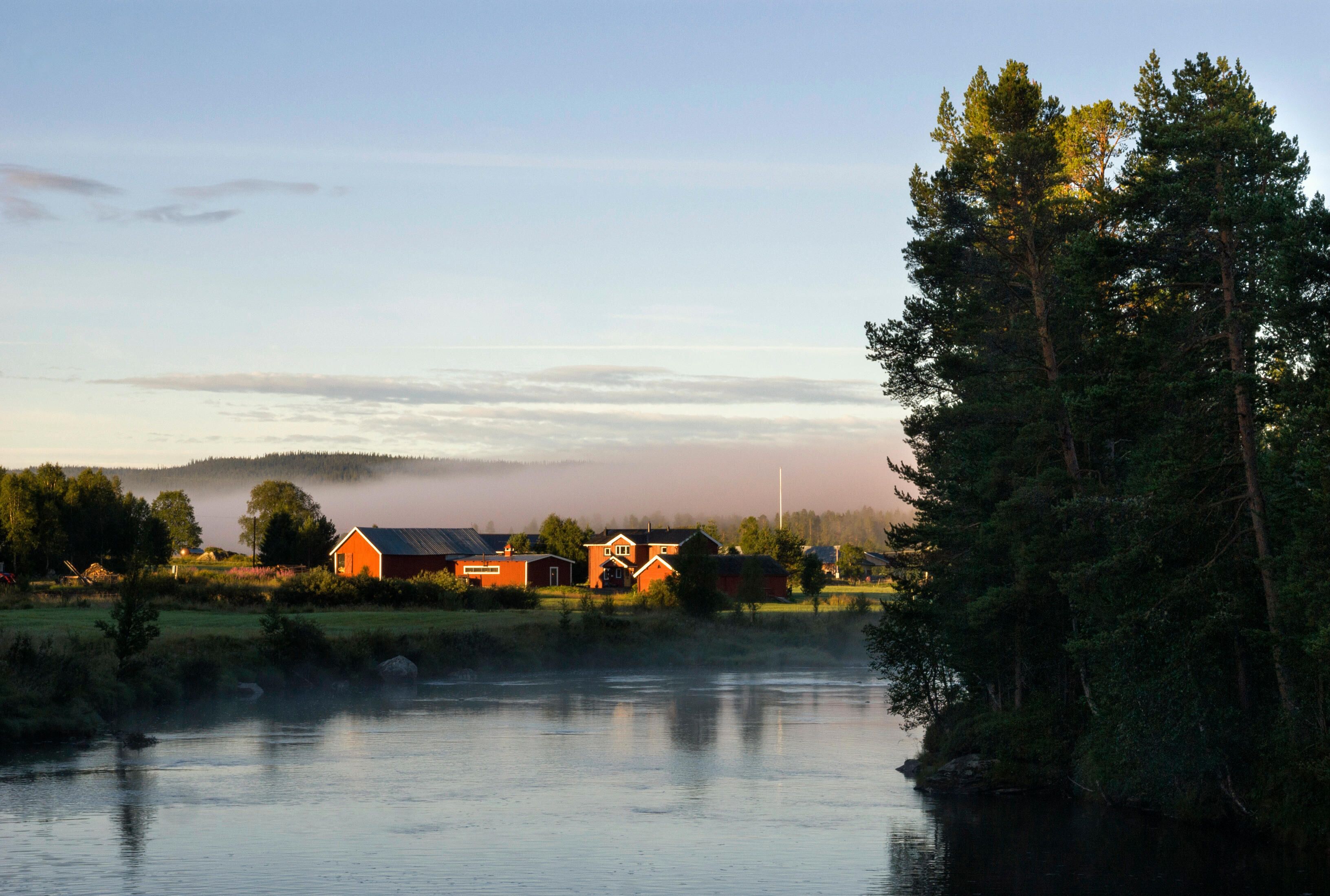 A calm lake with a forest on one side and houses in the distance.