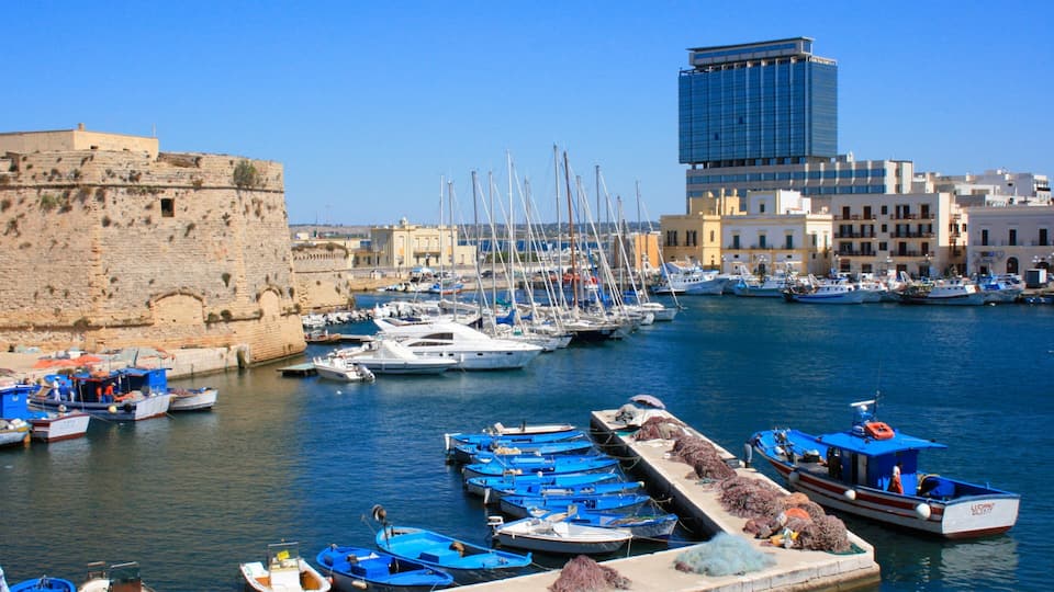 A harbor with boats, a castle, and modern buildings.