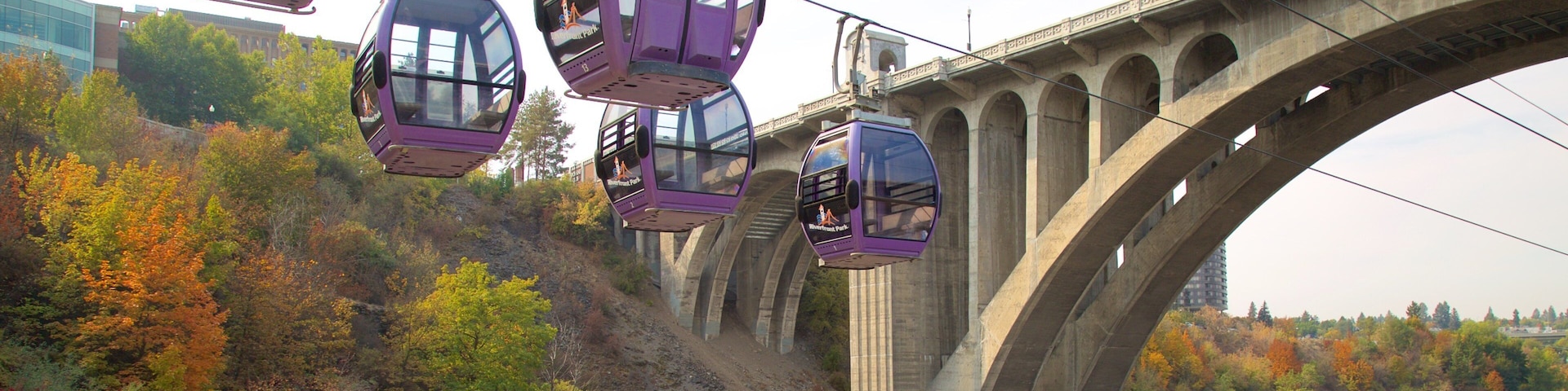 Un sistema de teleférico sobre un puente, con follaje otoñal y un río abajo.