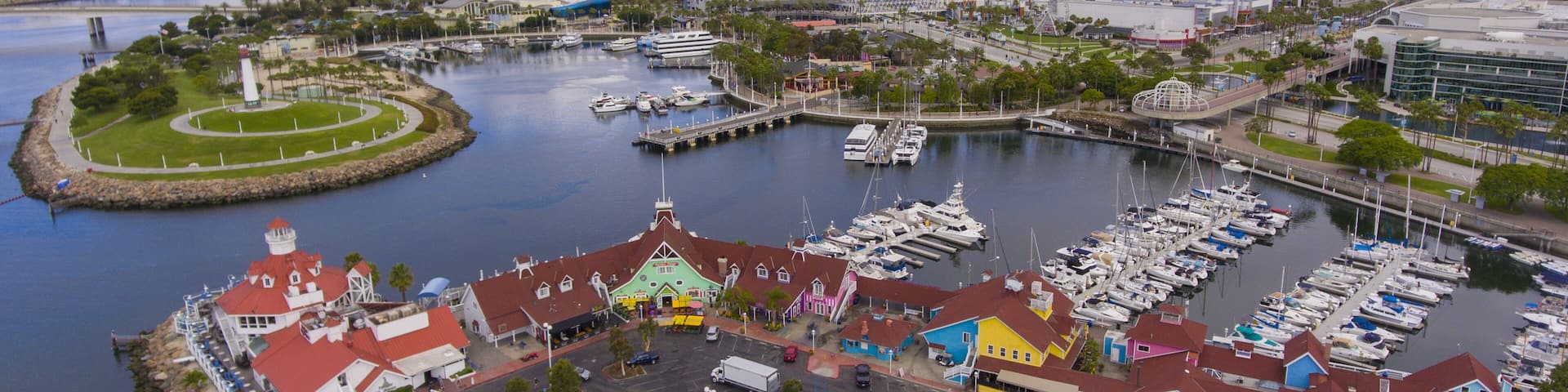 Long Beach modern city skyline, marina and Shoreline Village aerial view in City of Long Beach, Los Angeles County, California CA, USA.