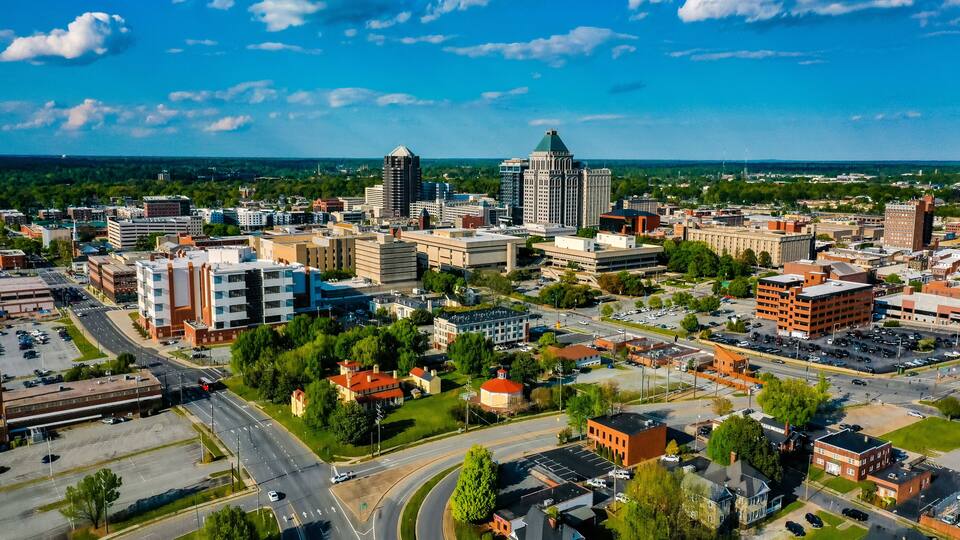 Aerial shot of the city of Greensboro, in North Carolina during daylight